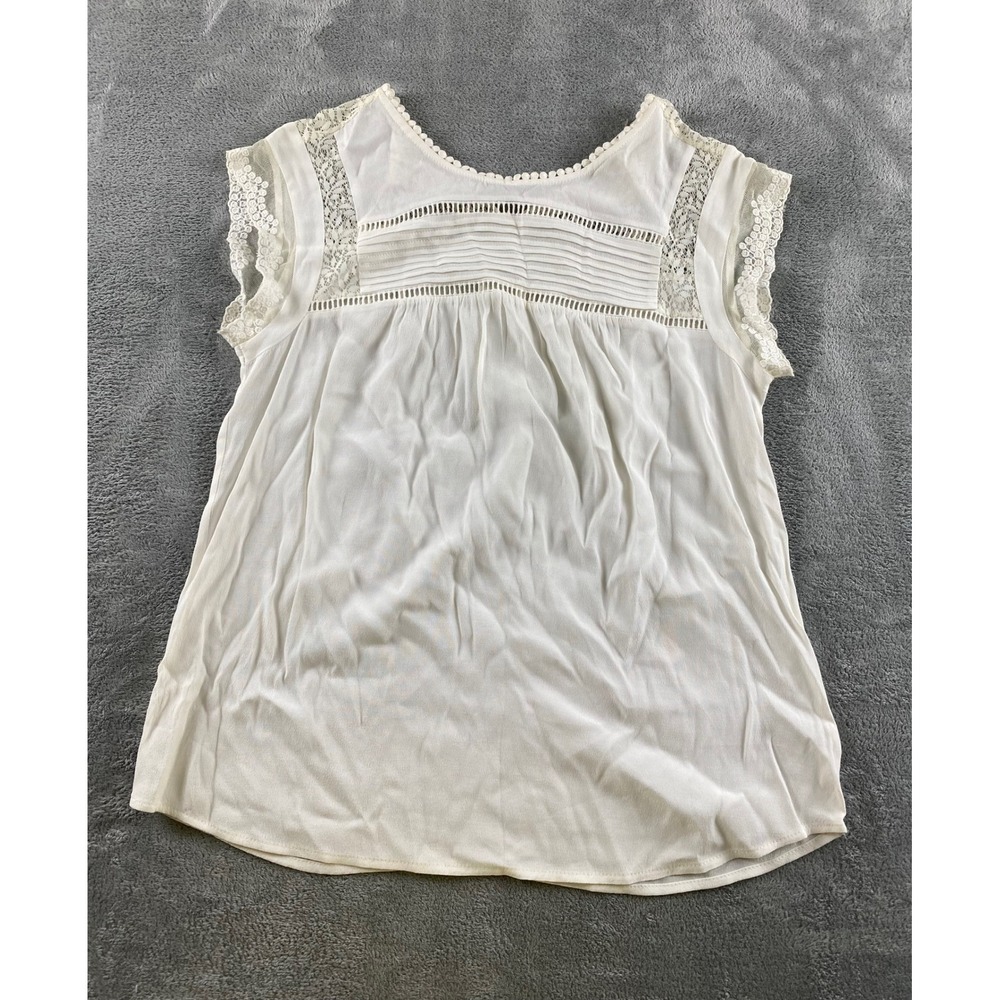 Daniel Rainn White Lace Inset Cap Sleeve Blouse Pom Pom Trim Tie Back‎ PM